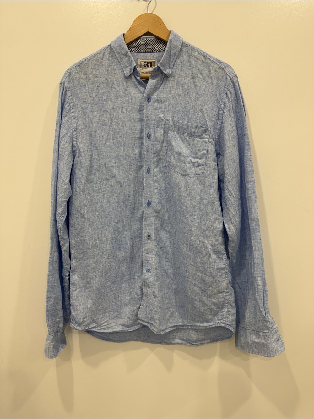 Le 31 Simons Premium Linen Button-Up Shirt Light Blue Size Small 100% Linen